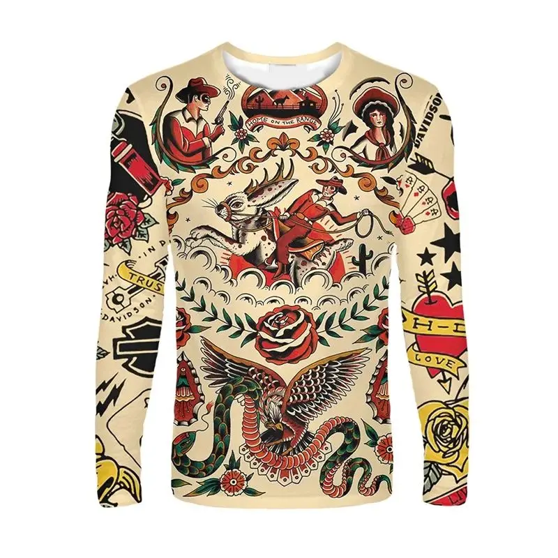 Men Long Sleeved Chinese Dragon Round Neck Cartoon 3D Harajuku Printed Fashionable And Personalized Oversized Loose T-shirt Top