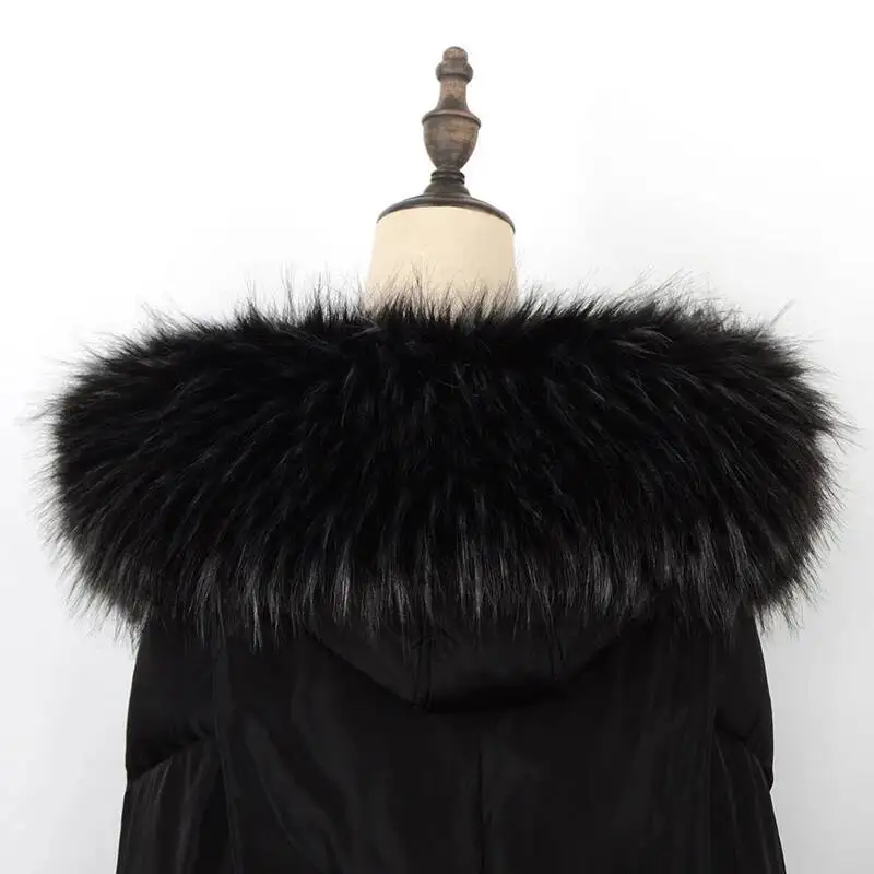 

Супер большой размер, воротник из искусственного меха енота, зимние женские теплые шарфы, шаль, мужская парка, пальто с капюшоном, меховой воротник из искусственного меха