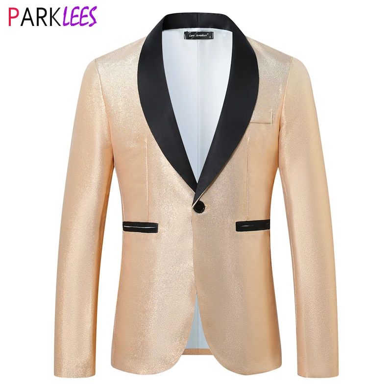 Mens Shiny Champagne Silk Dress Blazer 2024 Brand New One Button Shawl Collar Suit Jacket Party Prom Show Stage Costume Homme