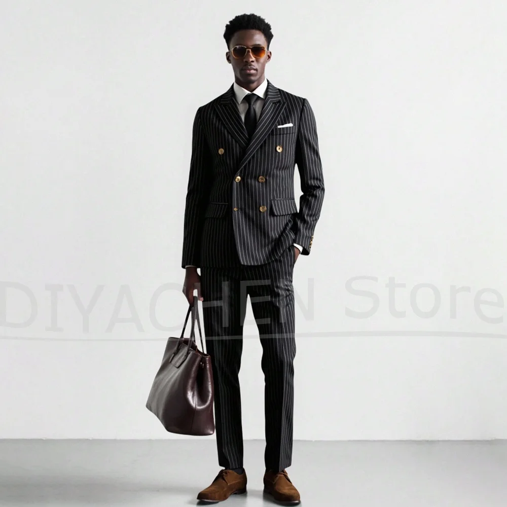 

Мужской костюм в тонкую полоску, комплект из двух предметов, шикарный двубортный наряд, тонкий пиджак с брюками, деловой повседневный свадебный мужской костюм