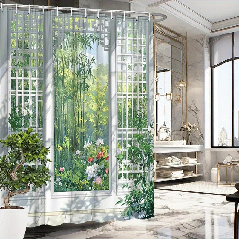 ~O~1pc Japanese Garden Shower Curtain - Bamboo & Colorful Flowers, Polyester, 70.8x70.8In, 12 Hooks, Serene Design