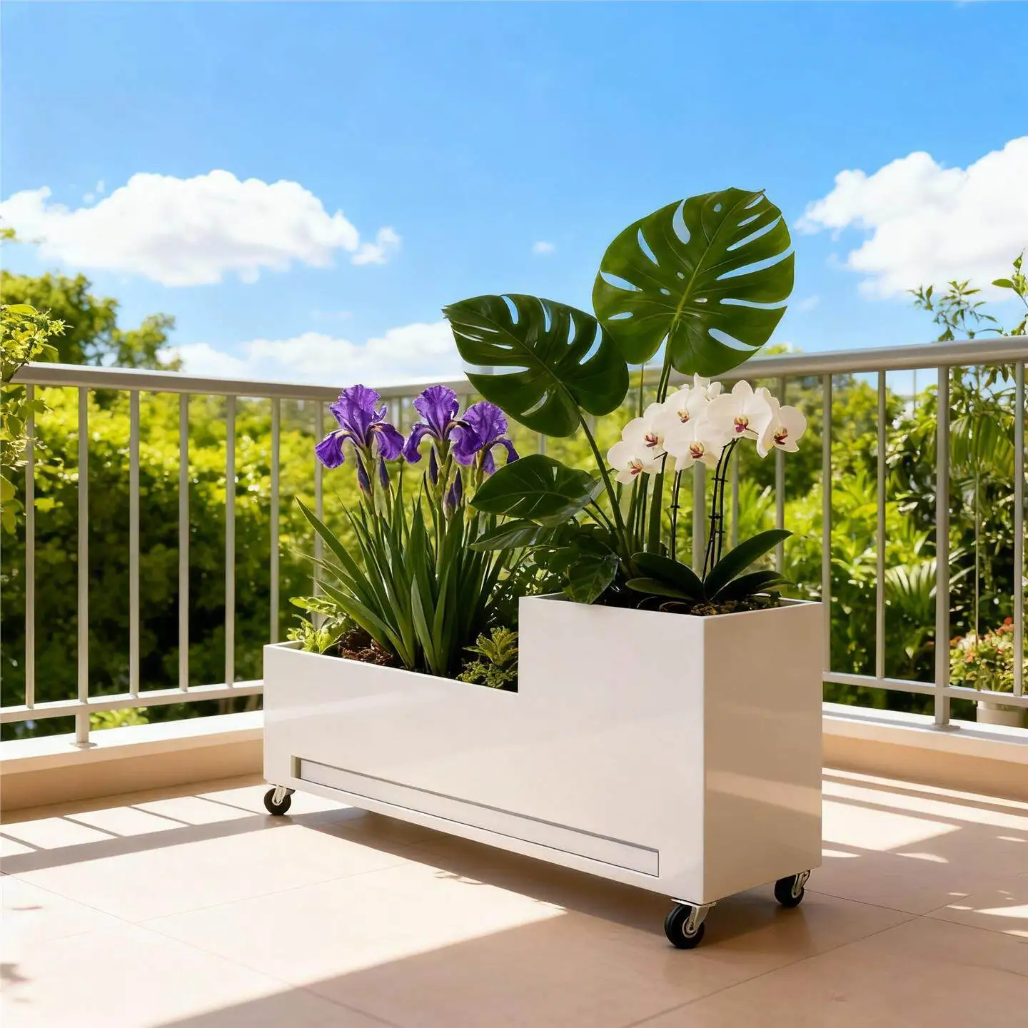 Stepped movable white flower box Outdoor living room flower slot partition wrought iron stainless steel flower pot with