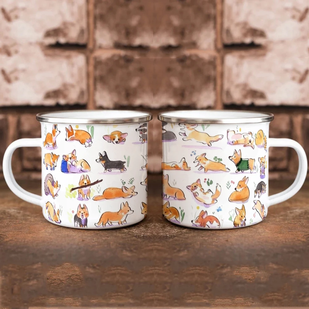 Cute Corgi pattern Enamel Camping Mug  12oz Home Tea Cup,Dog lover Birthday Coffee Mug Gift