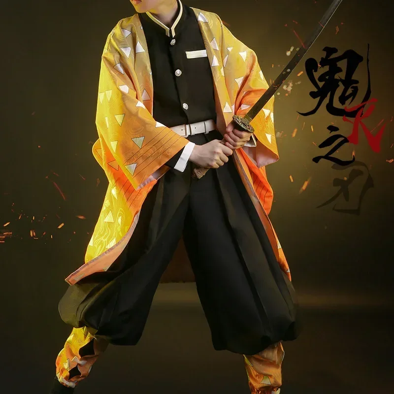 

Anime Demon Slayer Agatsuma Zenitsu Cosplay Costume Kimetsu No Yaiba Kimono Uniform Suit Cloak Party Clothes Halloween Costumes