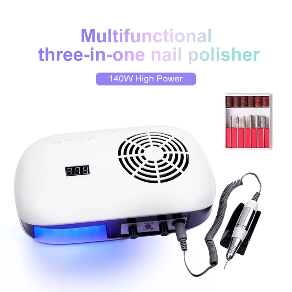 Multifuncional Manicure máquina com lâmpada LED UV, prego broca elétrica, poderoso aspirador de pó, 3 em 1