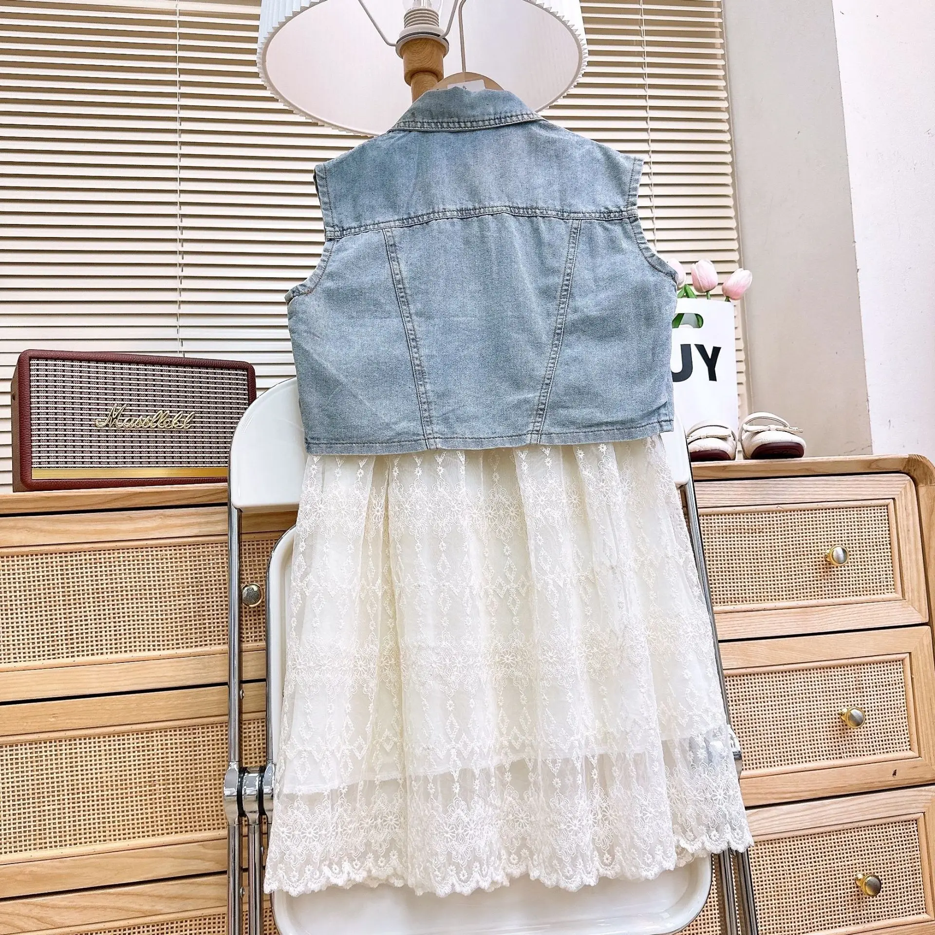 2025 Summer Children Clothing Sets Girls' Cowboy Vest+Lace Dress Princess Cowboy Strap Dress Two Piece Kids Suits