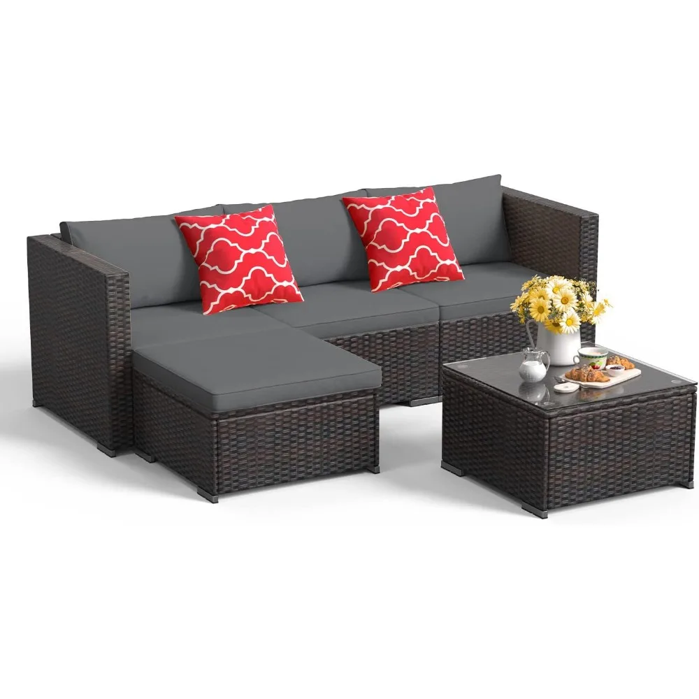 

5 Pieces Patio Furniture Set All-Weather Outdoor Wicker Sectional Patio Furniture with Cushion and Glass Table (Grey)