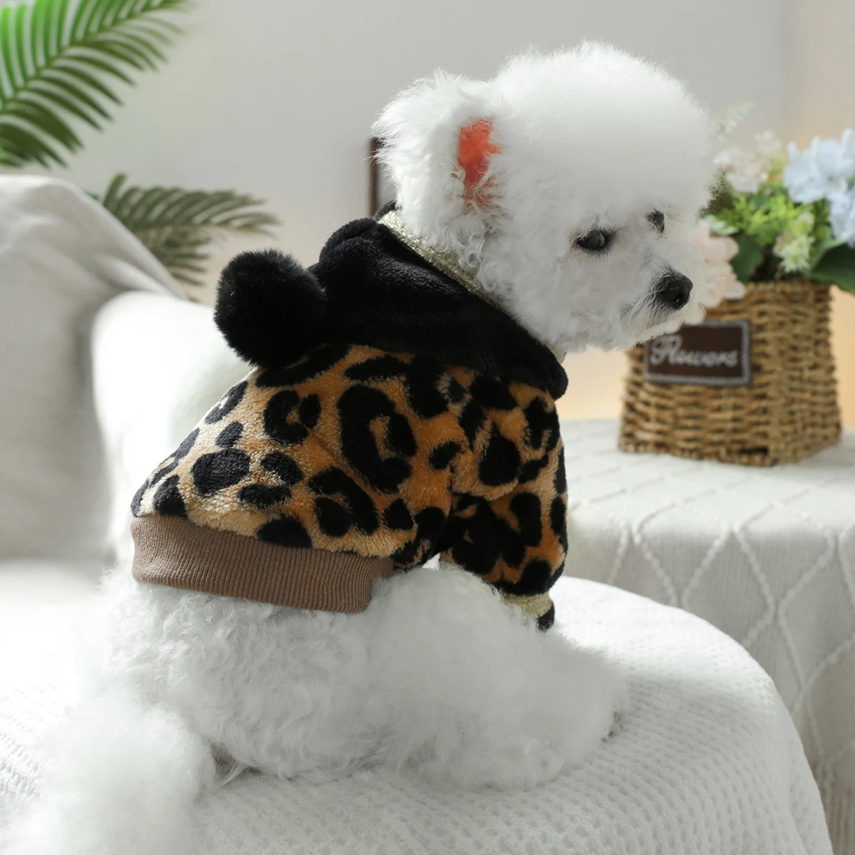 1PC pet clothing leopard print black gold flannel hoodie autumn and winter thick coat suitable for small and medium-sized dogs