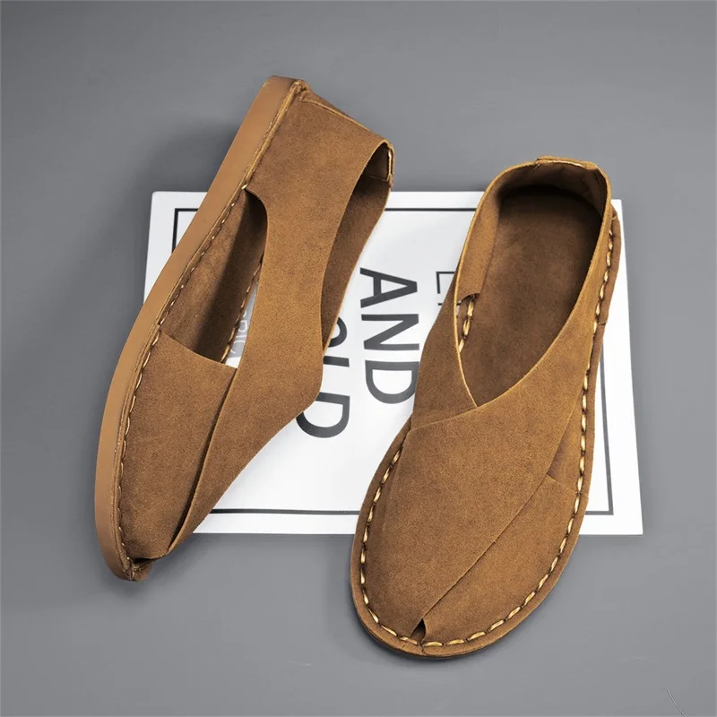 Fashion Suede Men Sandals Handmade Man Leather Casual Shoes High Quality Comfortable Mens Slippers New Non-slip Beach Shoes