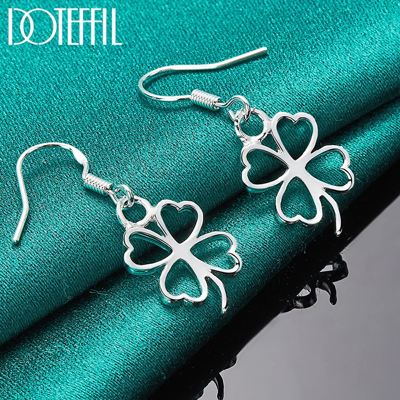 DOTEFFIL 925 Sterling Silver Hollow Four-leaf Clover Drop Earrings For Woman Wedding Engagement Fashion Party Charm Jewelry