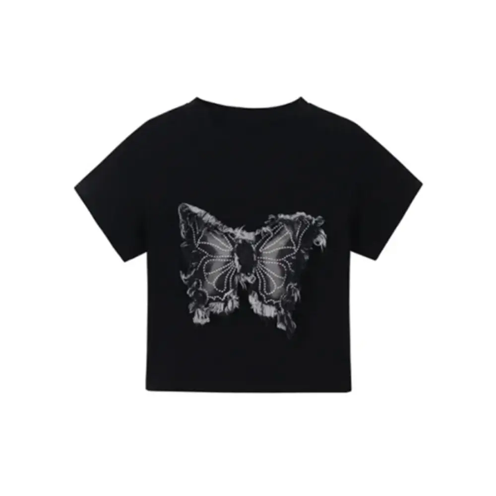 

Корейский стиль с круглым вырезом и бантом, футболки с короткими рукавами, облегающие лоскутные топы с бабочкой, тонкий укороченный топ Y2k для женщин и девочек