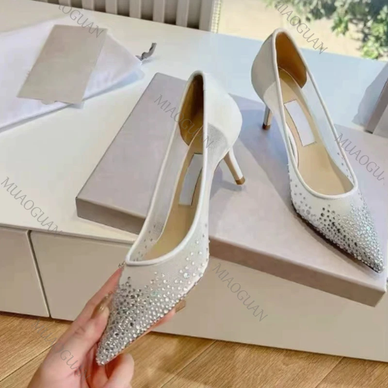 2026 Women's Shiny Rhinestone Mesh women's pumps and heels Pointed Toe Woman Shoes Shallow Mouth Sexy Fashion Ladies Sandals