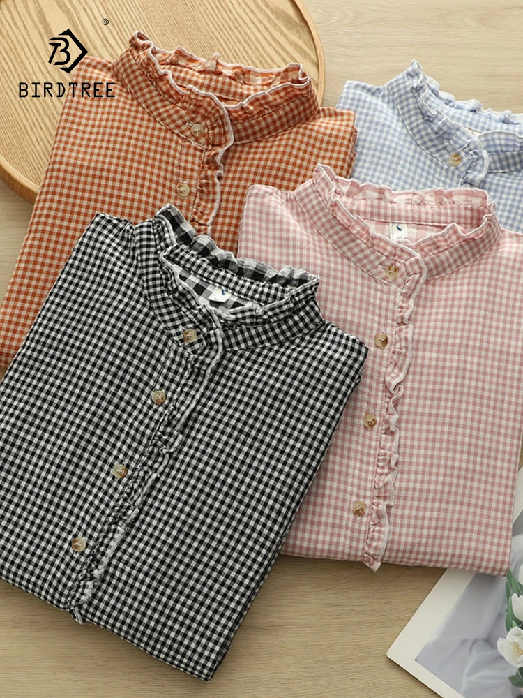 

Новинка 2025, осенняя хлопковая рубашка с длинными рукавами, женская клетчатая рубашка с рюшами, универсальная свободная блузка в консервативном стиле Mori Girl T59222CC