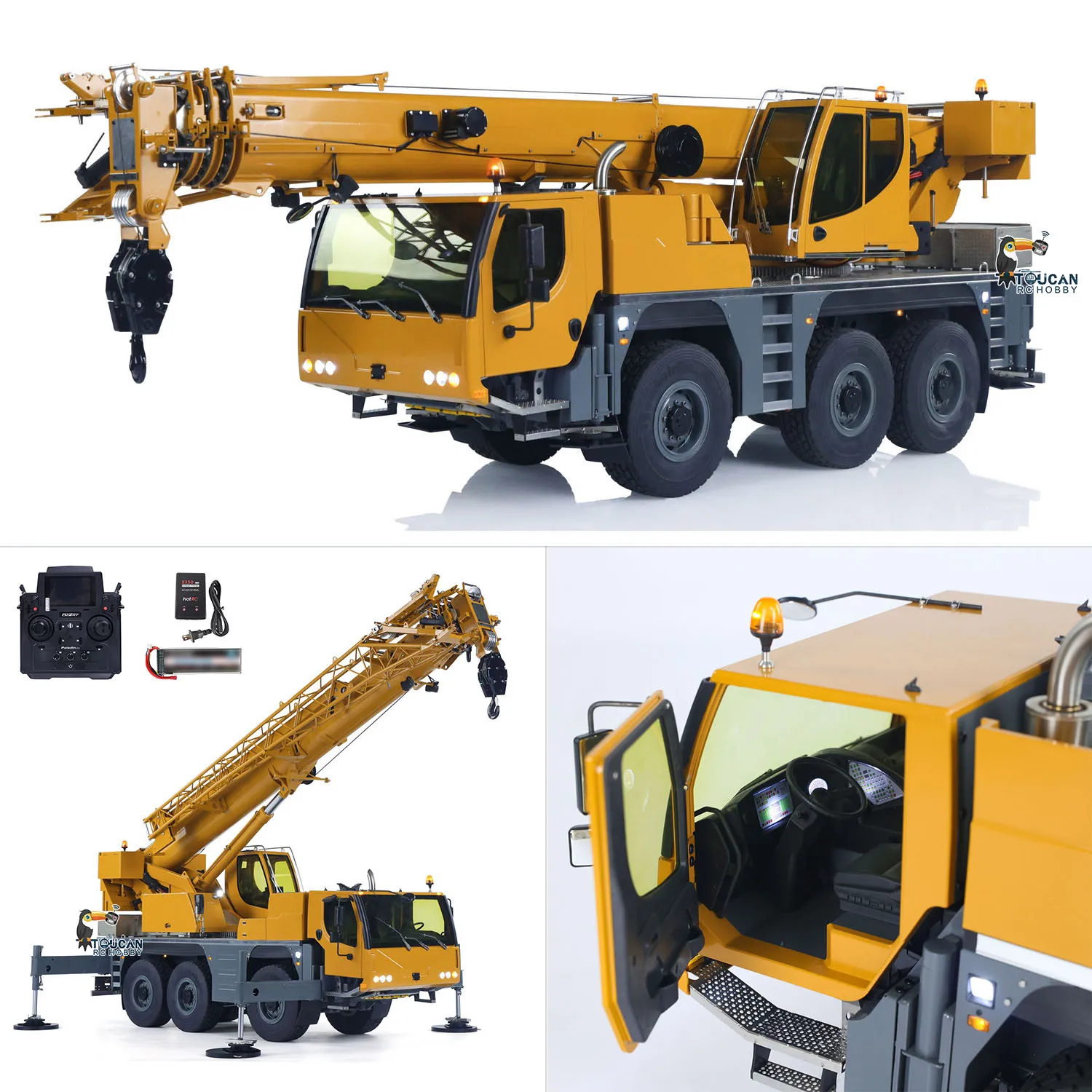 Eywhale 1/14 todo terreno controle remoto caminhão guindaste móvel hidráulico d1050 pronto para correr flysky pl18ev modelo de sistema de luz sonora