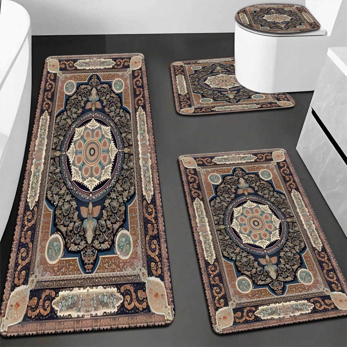 

1 комплект коричневого водопоглощающего и нескользящего напольного коврика для ванной комнаты, домашние декоративные узоры с принтом, удобные, четырех частей