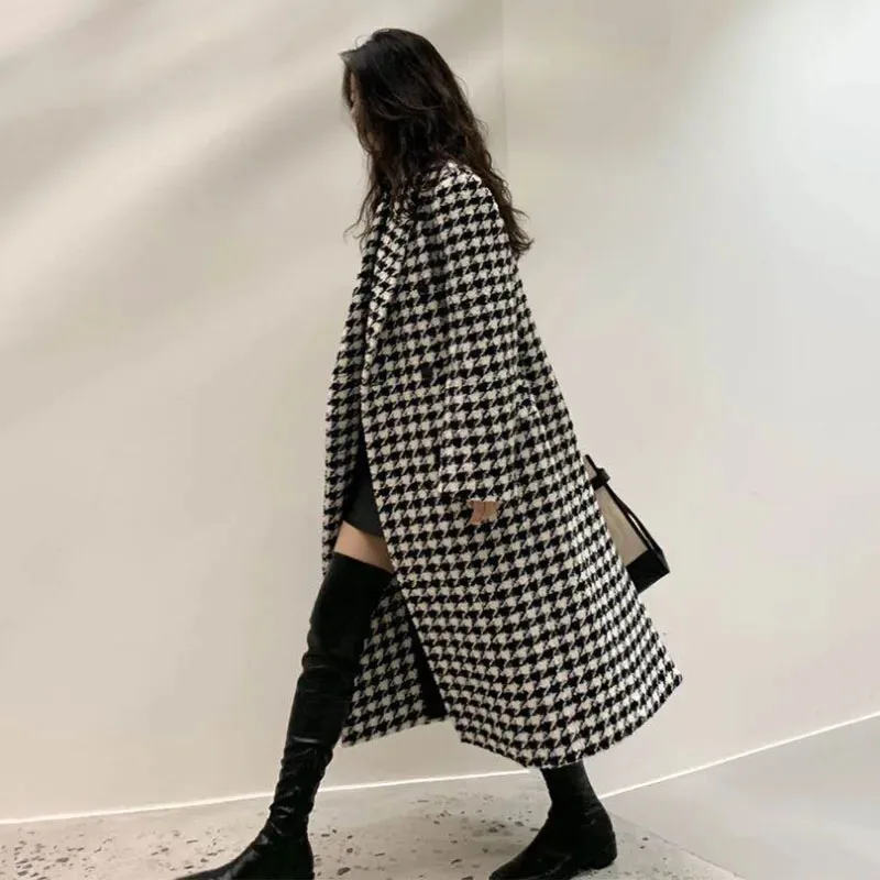 Fashion Houndstooth Faux Wool Jacket Women Autumn Korean Elegant Single Breasted Long Overcoat Winter Thick Warm Blend Outwear