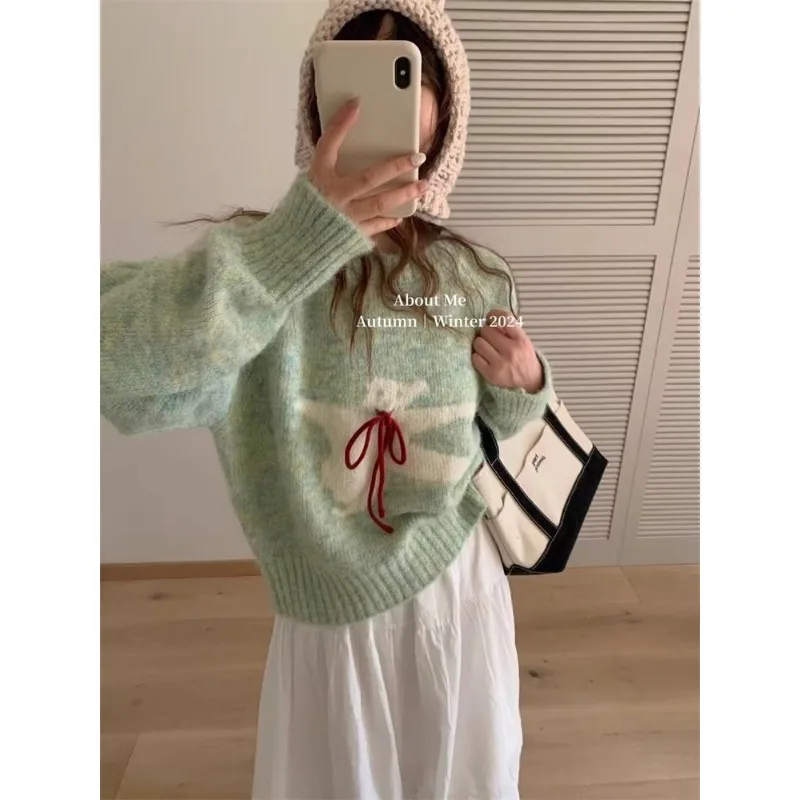 

Sweater Loose Soft Waxy Cartoon Bear Tie Top Women's Autumn and Winter Knitted Sweater