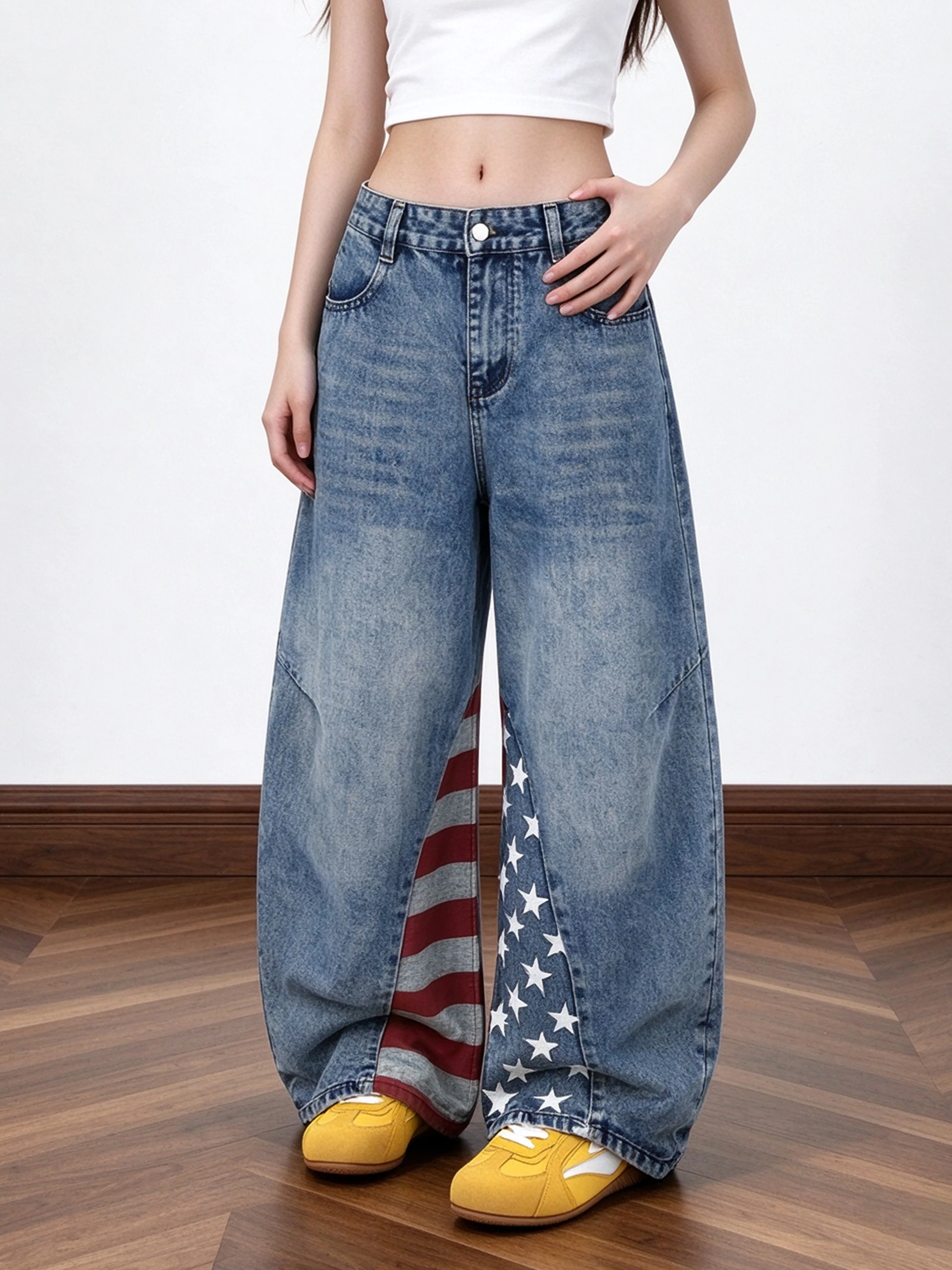 Small Ball American Street Style Printed Splicing Wide Leg Jeans Women's Washed Loose Hanging Couple's Denim Pants