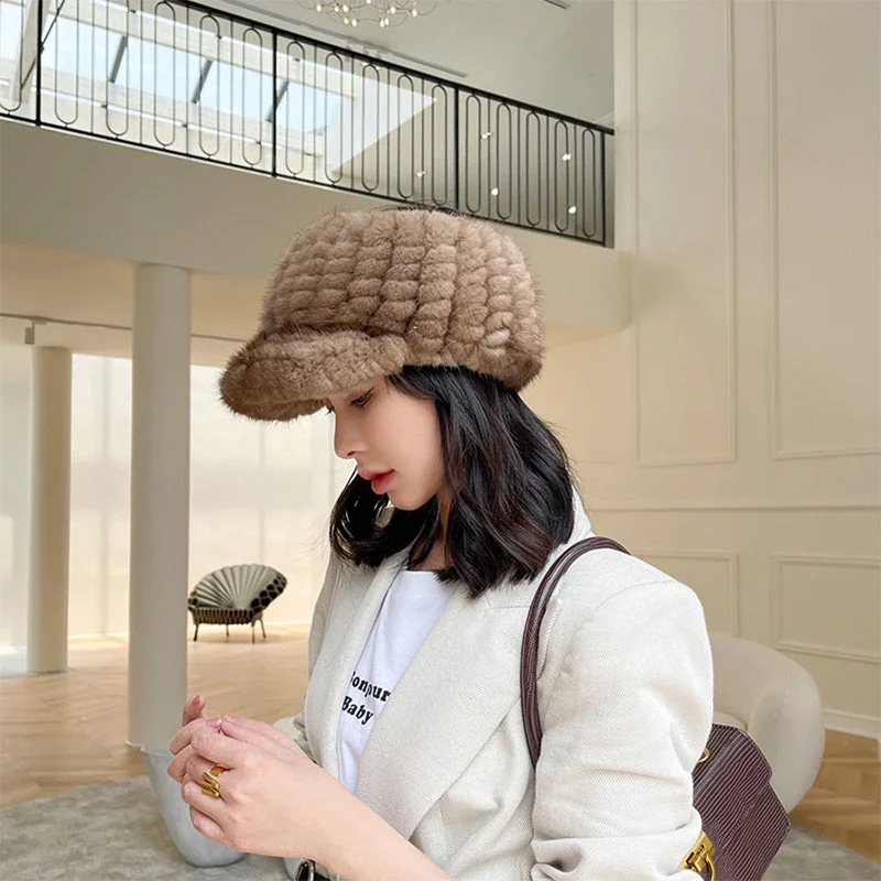 Winter Women's Mink Hair Empty Top Hat Fashion Weaving Duck Tongue Hat Russian Outdoor Leisure Sports Warm Hat New Style