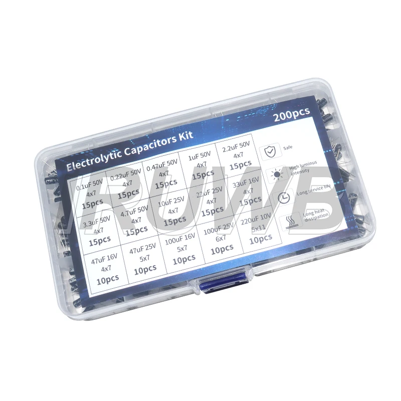 200pcs 15Values Radial capacitors set Electrolytic Capacitor Assortment Kit 10V 16V 25V 50V 0.1uF-220uF 0.22uf 2.2uf 100uf
