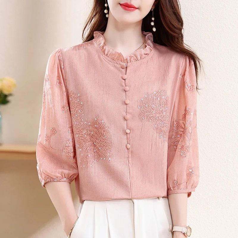 

2024, весенне-летняя женская рубашка, воротник с оборками, пуловеры с блестками, топы, элегантная модная шифоновая блузка OL Blusa