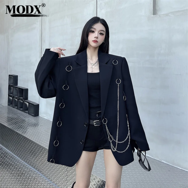 [MODX] Small Niche Chain Design, Heavy Metal Ring Decoration, Personalized Street Explosion, Black Suit Jacket