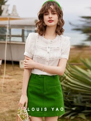 LOUIS YAO Women Beading Shirt 2024 Summer O Neck Short Sleeve Lace Sweet Elegant Office Lady Blouses Top