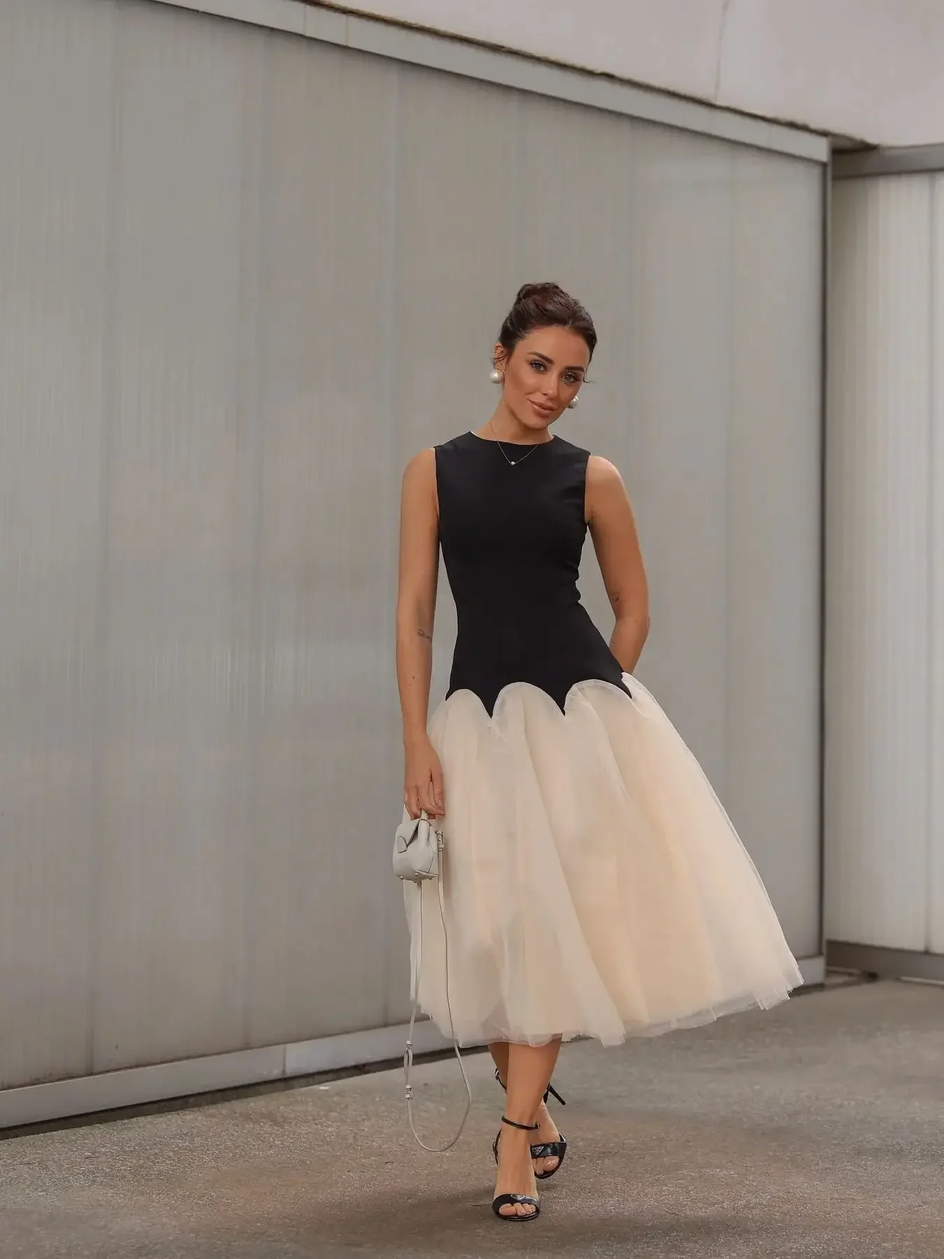 

Contrast Ruched Zipper Sleeveless Midi Dress Women Summer Patchwork Mesh Wrap Ball Gown Tummy Control Dress