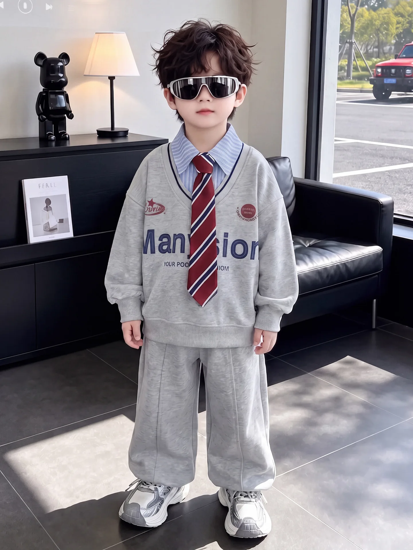 Children Soft Comfortable Suit Boys Fake Two Piece Necktie Sweatshirt+Pants 2pcs Set 2-11Years Kids Spring Autumn Sports Outfit