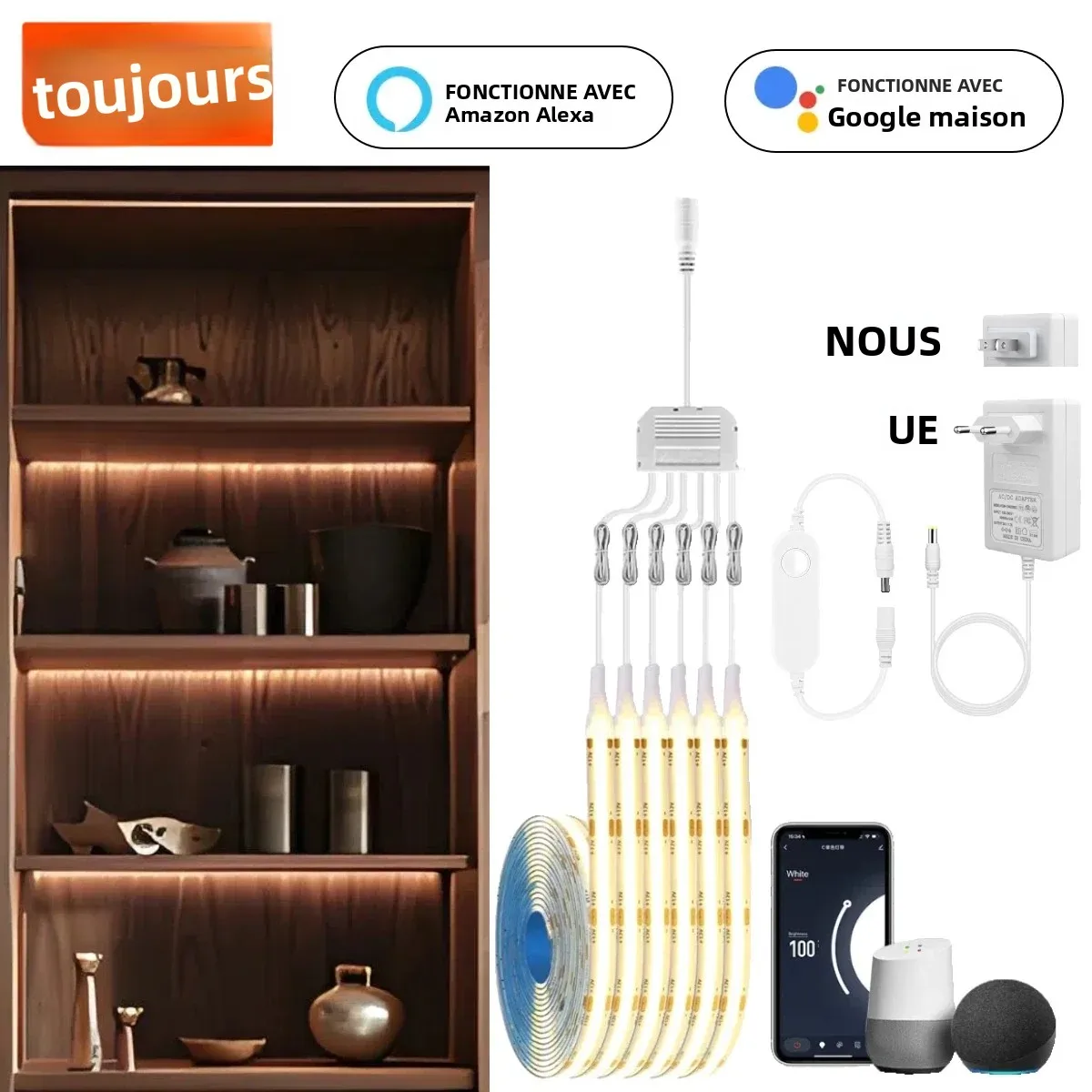 Ensemble d'éclairage de groupe LED COB intelligent TUYA, 1 à 6 pièces, fonctionne avec Alexa Echo Plus, application Assistant Google, commande vocale pour vitrine d'armoire