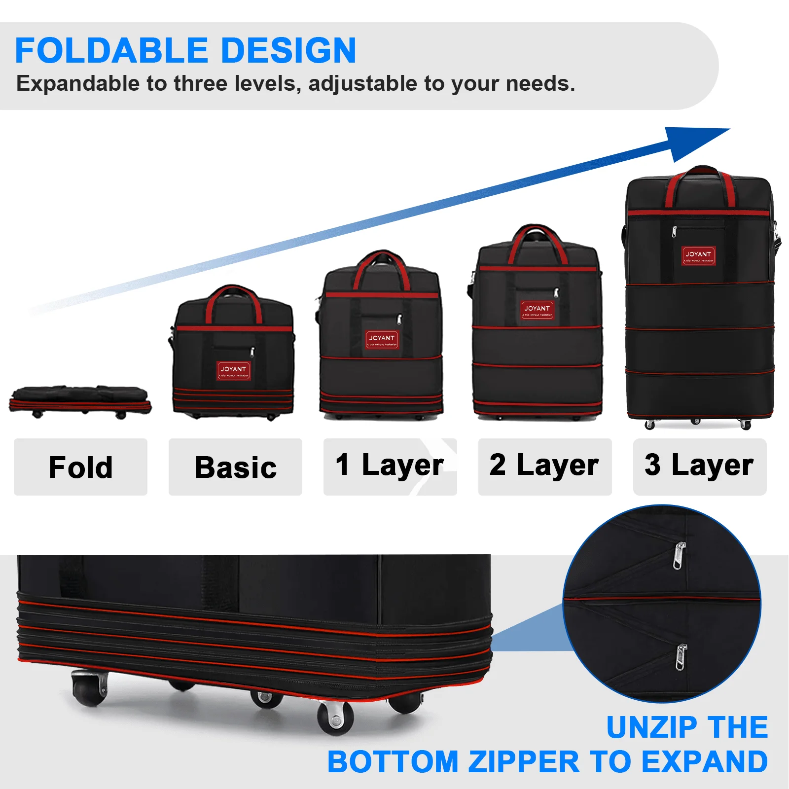1200D Heavy Duty Foldable Expandable Duffle Bag With Wheels For Travel, 32" /42"Large Capacity Travel Bag, Waterproof Lightweight Travel Weekend Bag For Women Men (Black With Red Line)