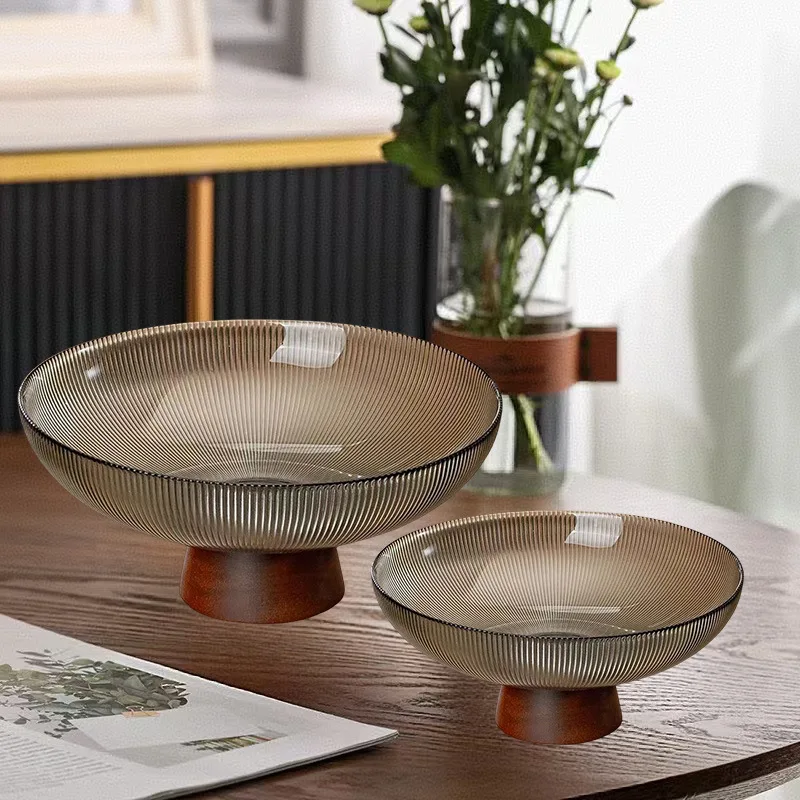 New medieval solid wood base high-footed glass fruit plate Chinese-style household living room coffee table