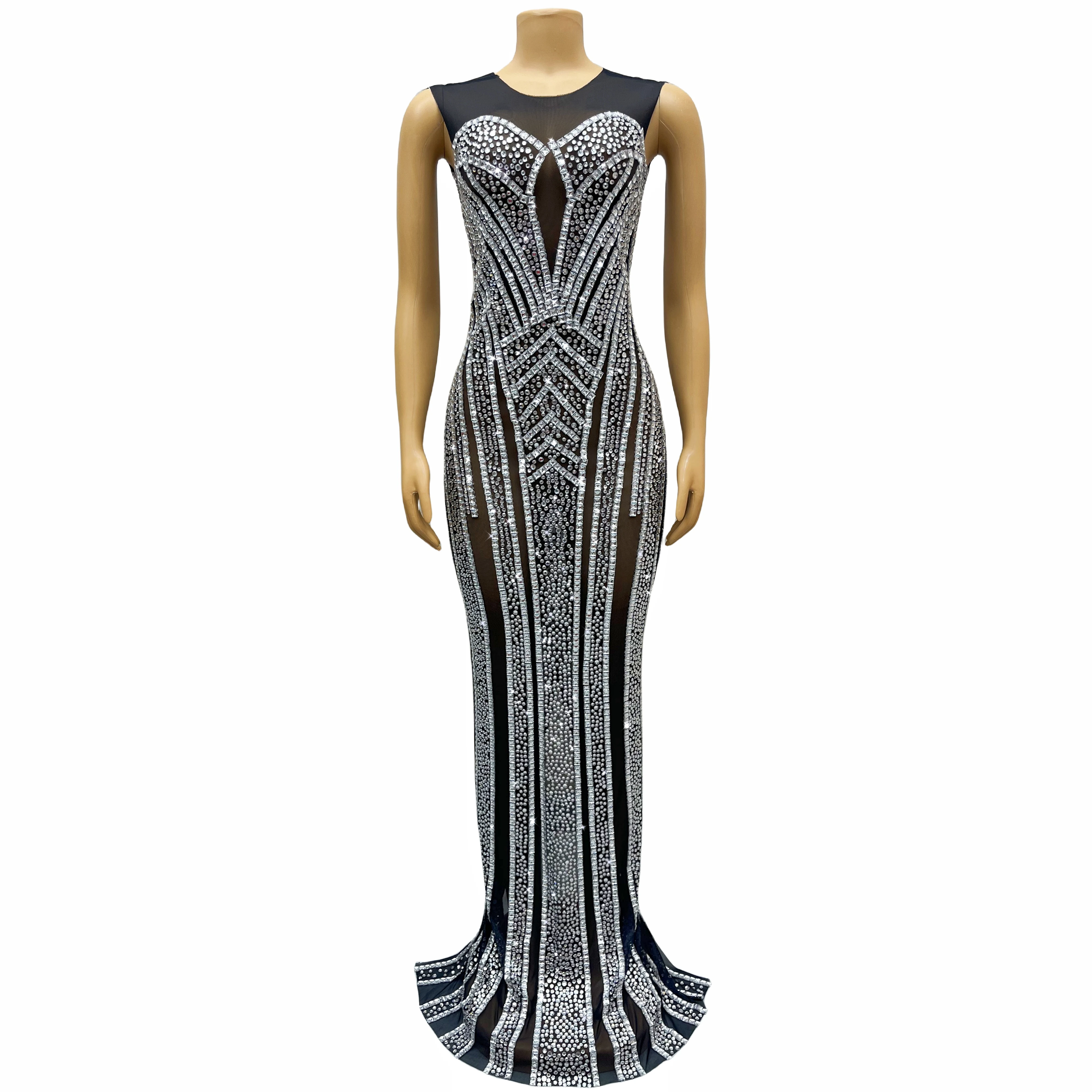 Niche design sensual sexy black silver rhinestone dress birthday celebration cocktail party dance costumes baisexi