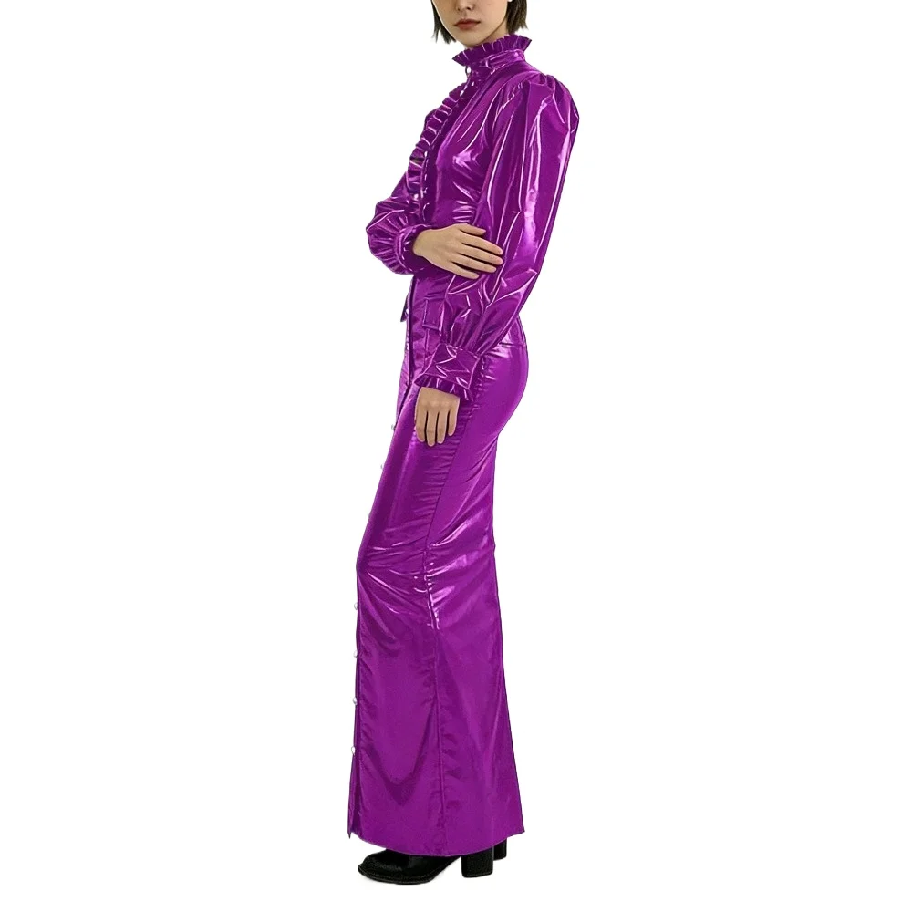 

Womens Ruffle High Collar Long Pencil Dresses Wetlook PVC Leather Single-breasted Slim Fit Dress Cocktail Party Bodycon Vestidos