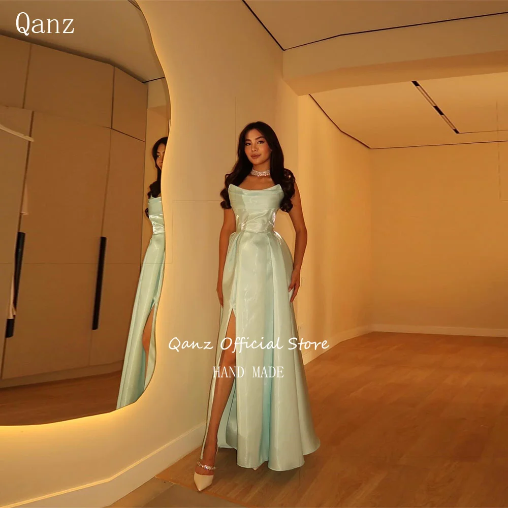 

Qanz Mint Green Evening Dresses Shiny Satin Strapless Vestidos Para Mujer Elegantes High Slit Long A Line Party Gowns Customized