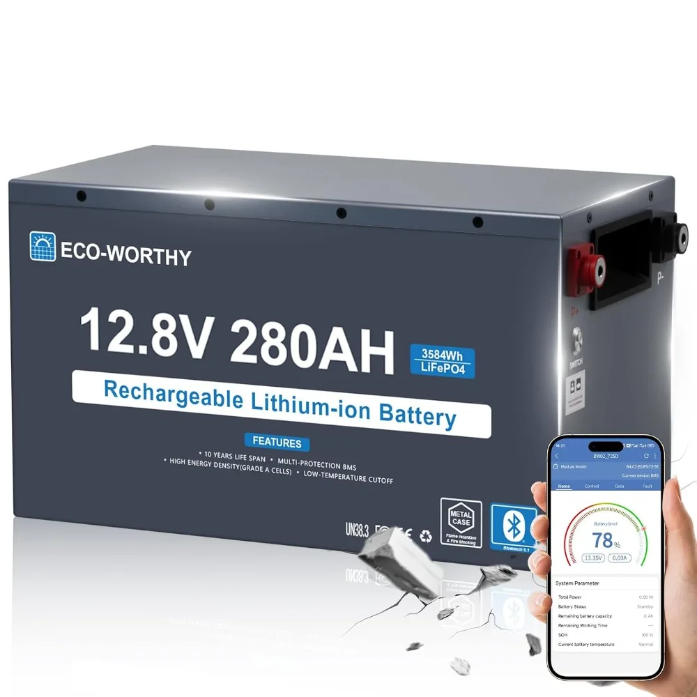 12V 280Ah LiFePO4 Battery with Bluetooth, Low-Temp Protection, 200A BMS, 3584Wh for Solar, RV, Camper, Trolling Motor, Custom