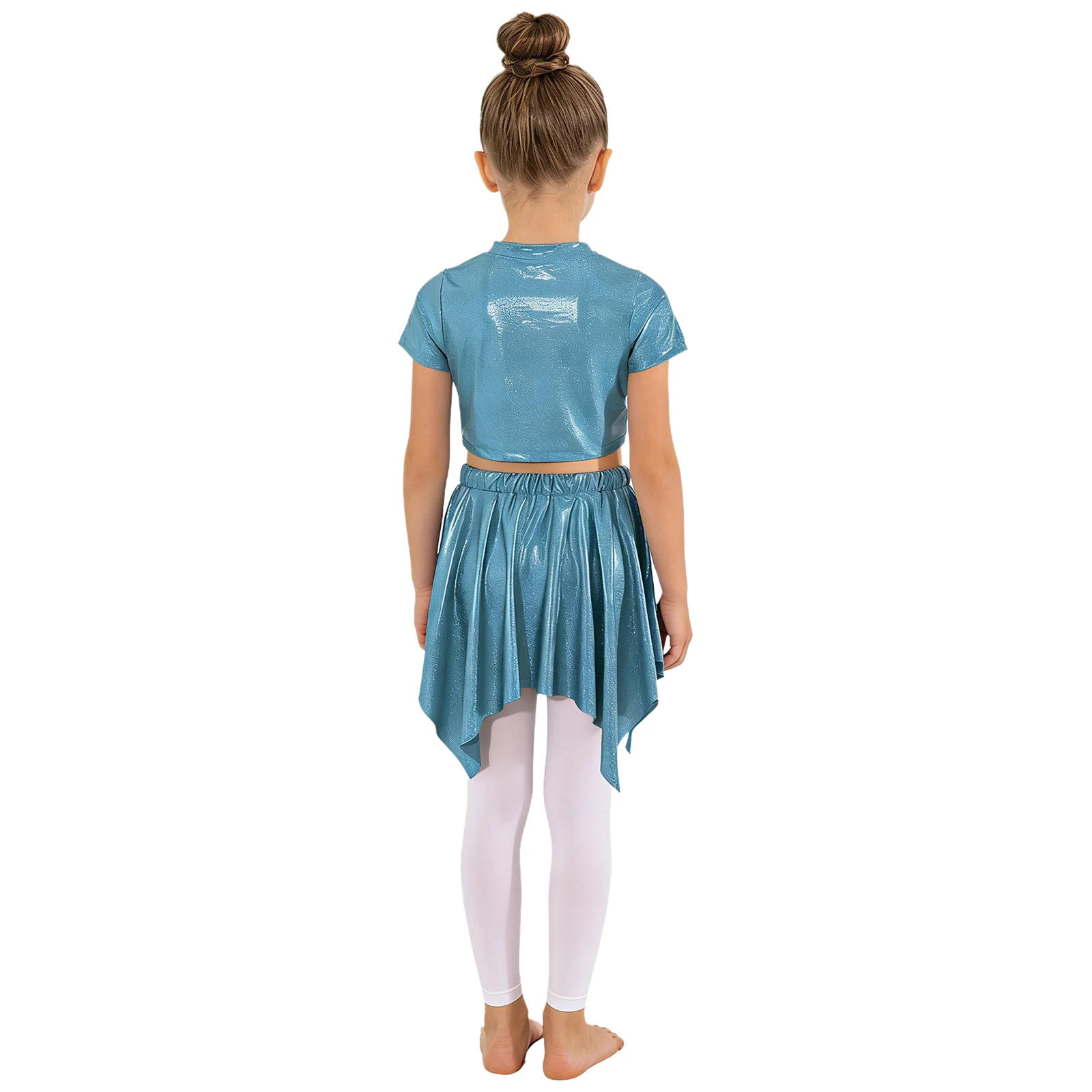 Kids Girls Shiny Metallic Short Sleeve Top Skirt Suit Jazz Hip Hop Dance Wear For Gymnastics Cheerleading Stage Performance Show