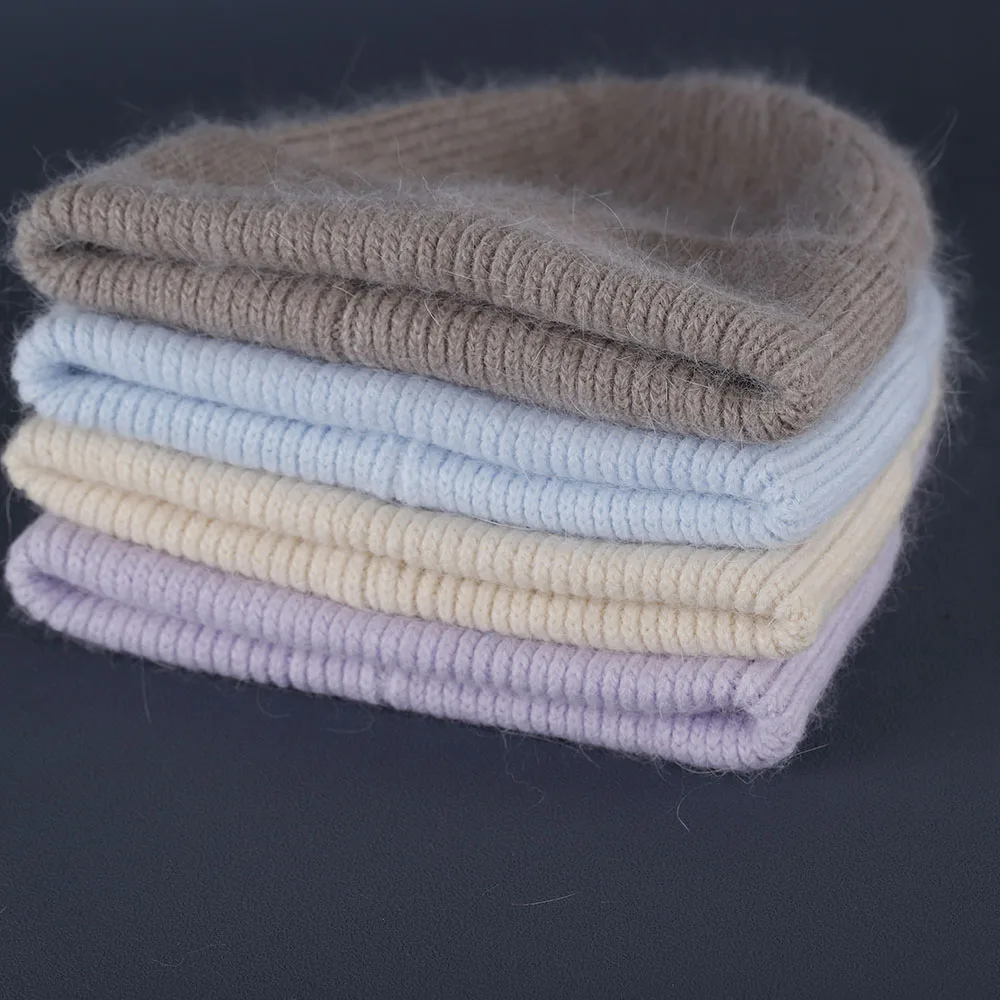 Kaninchenfell Mützen Weiche warme flauschige Wintermütze für Frauen Angora Strickmütze Skullies Beanies Weibliche Motorhaube warme Frau Strickmütze – Detail 3