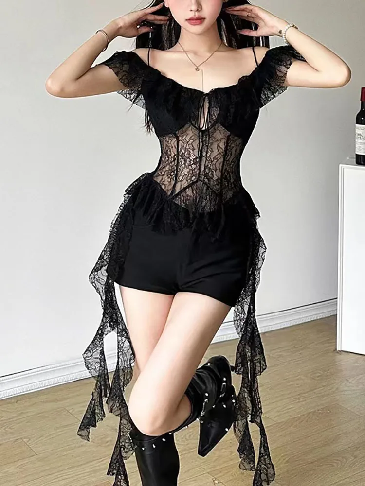 Sexy Lace Patchwork Ruffles See Through T Shirt, Slim Bandage Top, Irregular Aesthetic Shirts, Y2k Streetwear Hollow Out Top