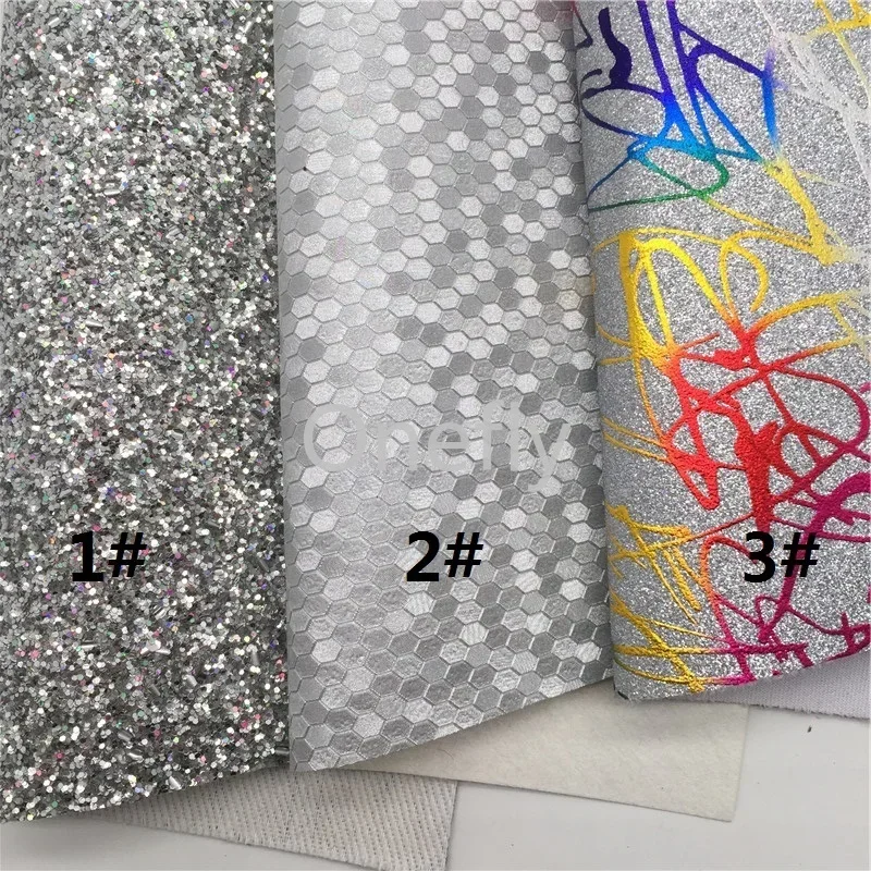 Onefly 21X29CM Silver Glitter Fabric, Honeycomb Synthetic Leather, Printed Fine Glitter Sheets For Bow DIY  handbags shoes AQ083