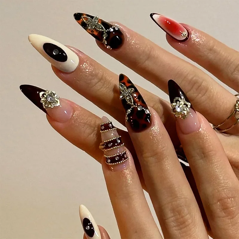 

3D Gold Glitter Fake Nail Mid-length Almond Spice Girls False Nails with Stiletto Detachable Nail Tips Art Press on Nails 24Pcs