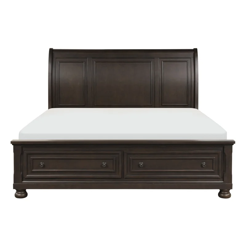 

Eastern King Platform Bed with Footboard Storage Sleigh Design Transitional Bedroom Furniture Gray Brown Finish
