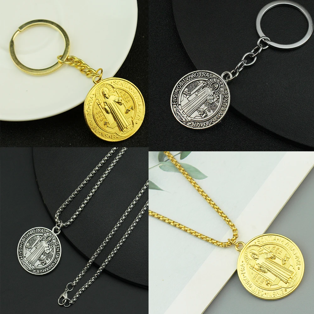 Vintage Saint Benedict Medallion Keychain Catholic San Benito Medal Pendant Key Chain Stainless Steel Jewelry Wholesales ﻿