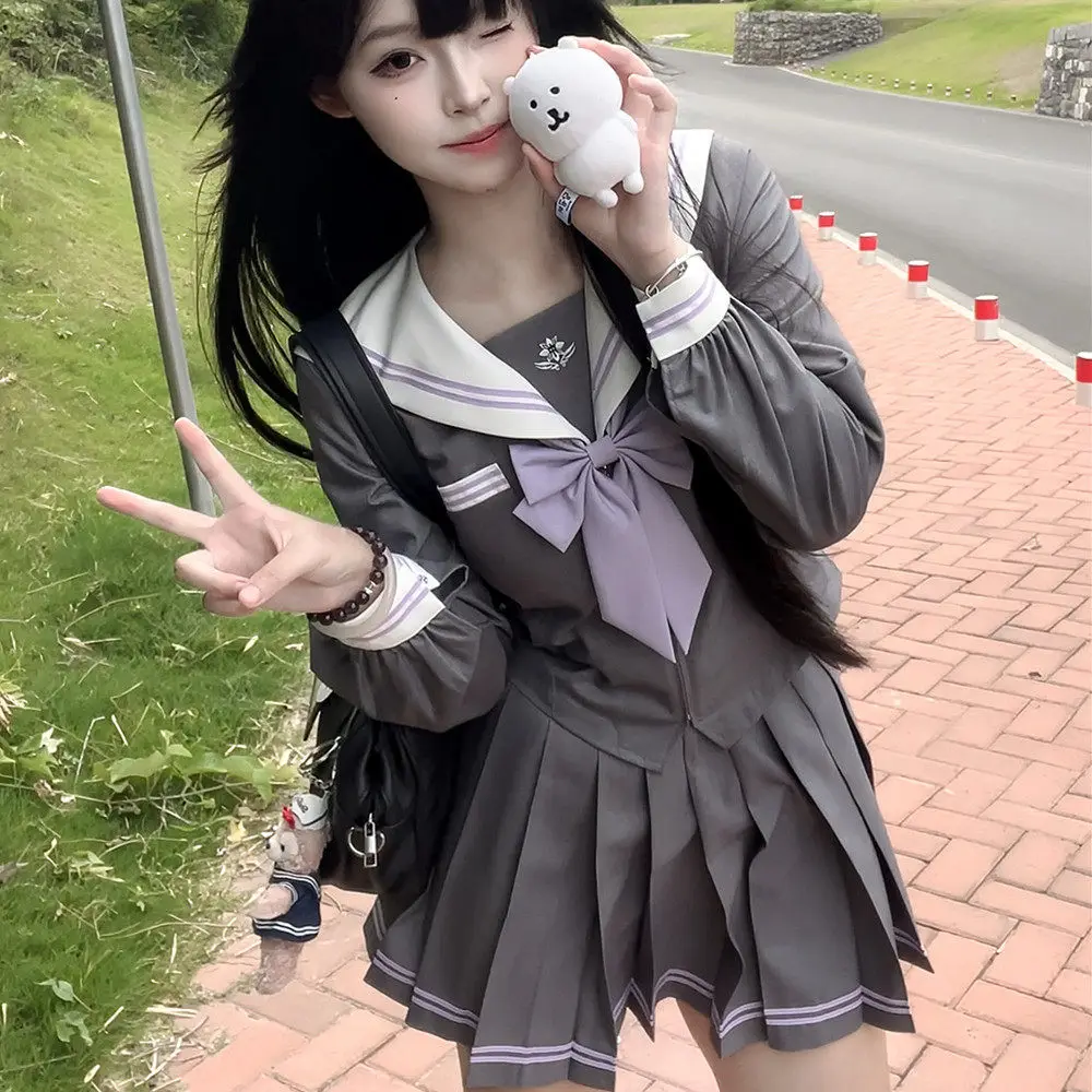 Uniforme Escolar Marinero Gris para Mujeres y Niñas, Conjunto de Uniformes Escolares JK, Seifuku Coreano, Fuku Japonés de Marinero, Manga Larga