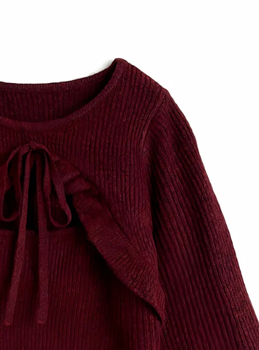 

Grl New Japanese Style Sweet Round Neck Hollow-out Ruffle Bow Tie Knitted Top Fashion Soring and Autumn Long Sleeve Sweater