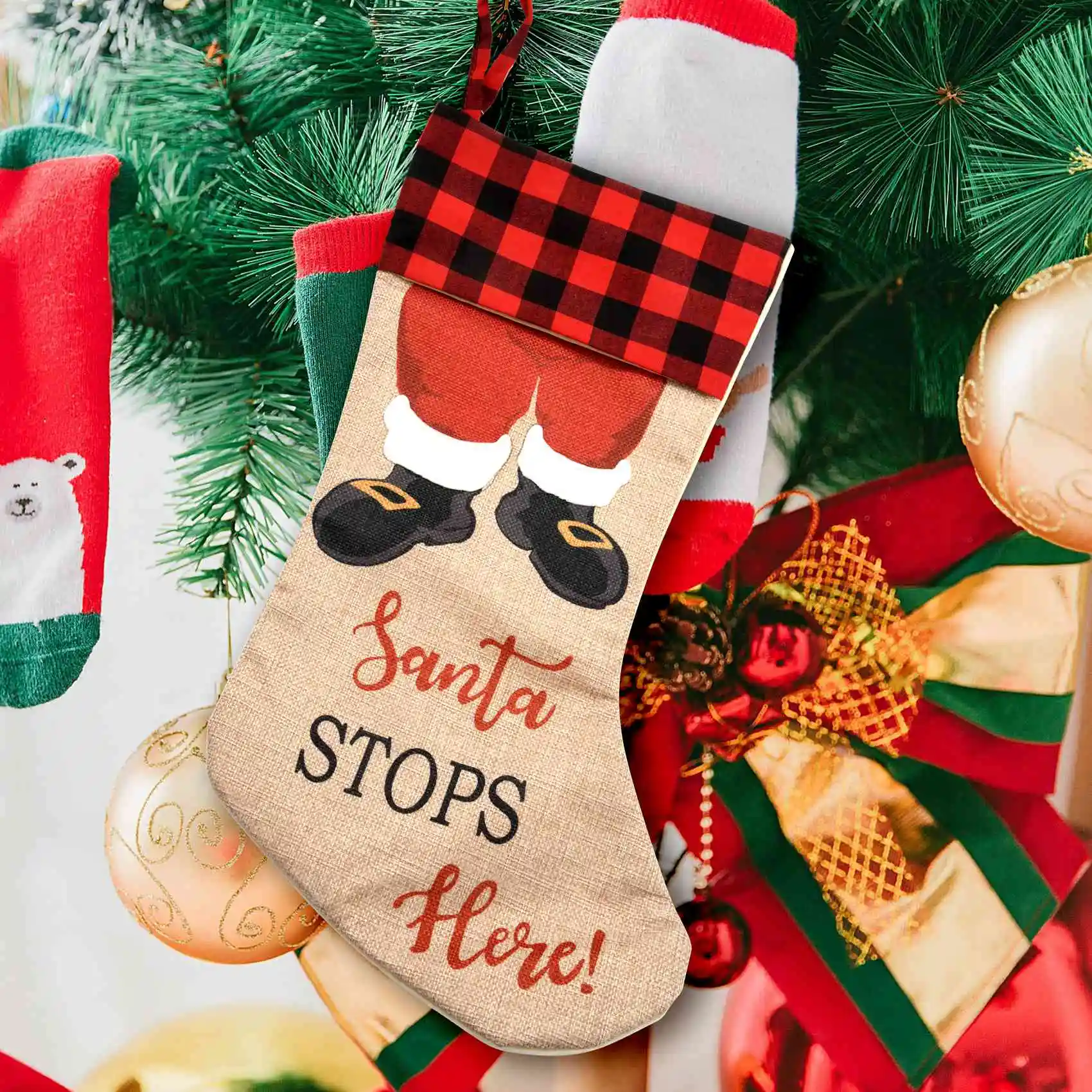 Christmas Stockings, 2 Pcs Xmas Stockings Decorations, Santa Stops Here for Xmas Holiday Party Home Decoration Gifts