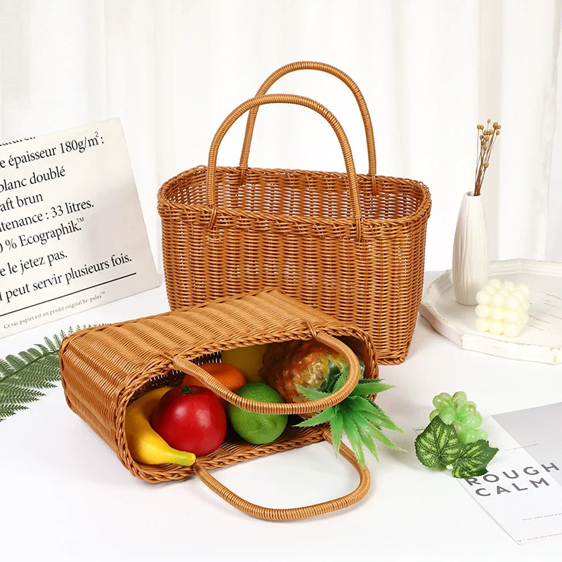 

2025 Imitation Vine Weaving Basket Shopping Basket Bathing Fruit and Vegetable Storage Basket Picnic Supplies Large Handbag