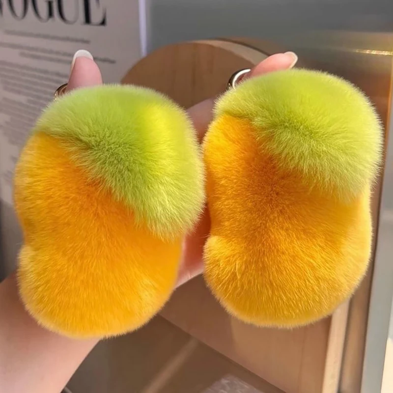 Cute Sweet Mango Real Rex Rabbit Fur portachiavi peluche Ball Toy borsa da donna ornamenti di fascino portachiavi per auto anello in metallo ciondolo regalo per ragazze