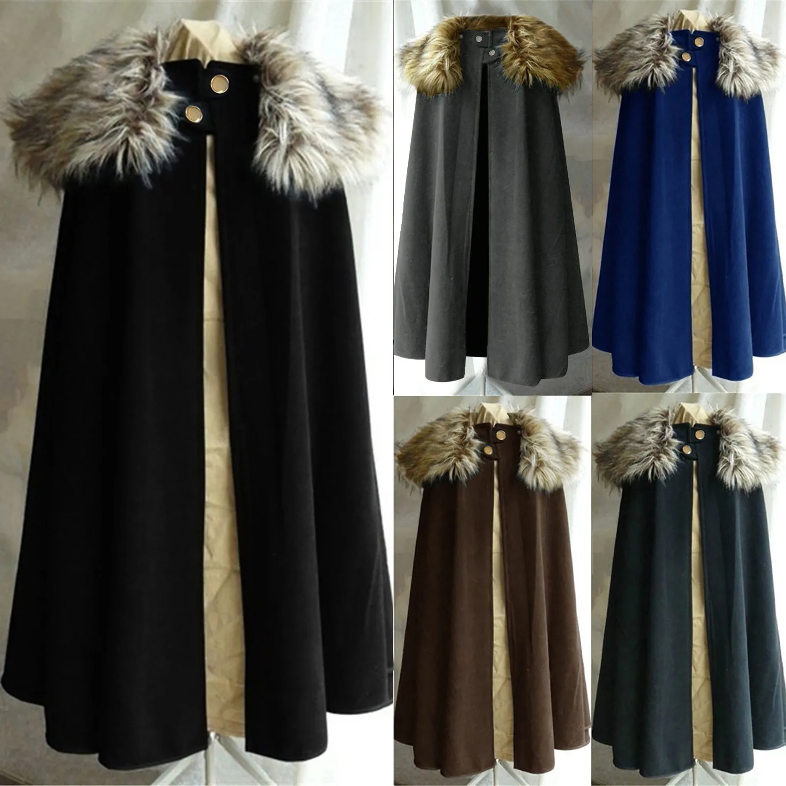 الرجال القرون الوسطى الشتاء عباءة سميكة طوق Larp فتل فارس تأثيري معطف الرأس القوطية المرأة الرجعية عباءة هالوين زي #2