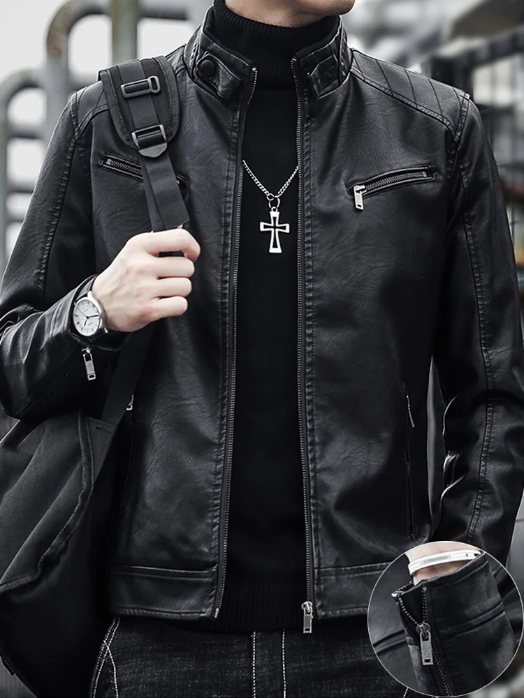 

Trendy Men's Fce Lined Biker Jaet Stand Collar Workwear Coat Soft Leather Motorcycle Jaet Winter Faion Outerwear